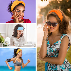 FEQO headbands styled with outfits showing color coordination and versatility