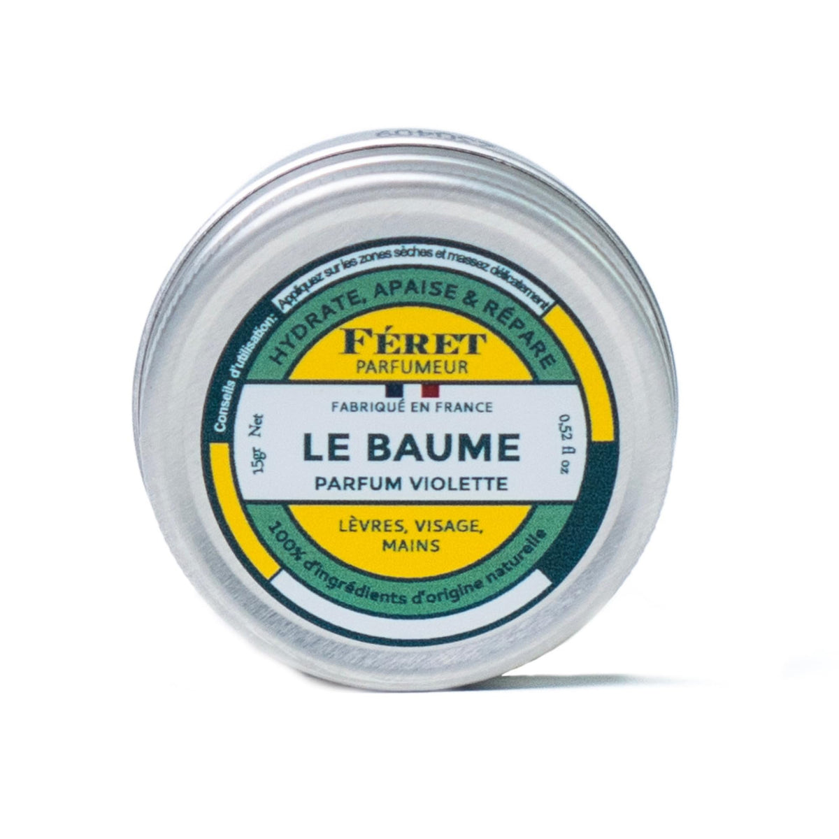 Feret Parfumeur tin front showing compact balm, easy portability benefit