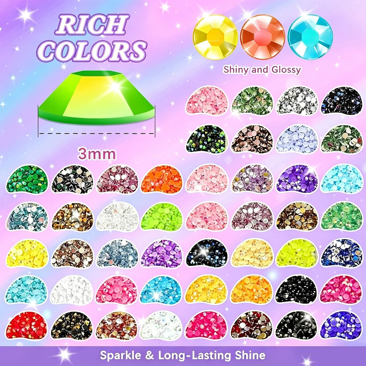 FFPTBNYX close-up of 3mm SS10 resin rhinestones showing vibrant color and brilliant shine