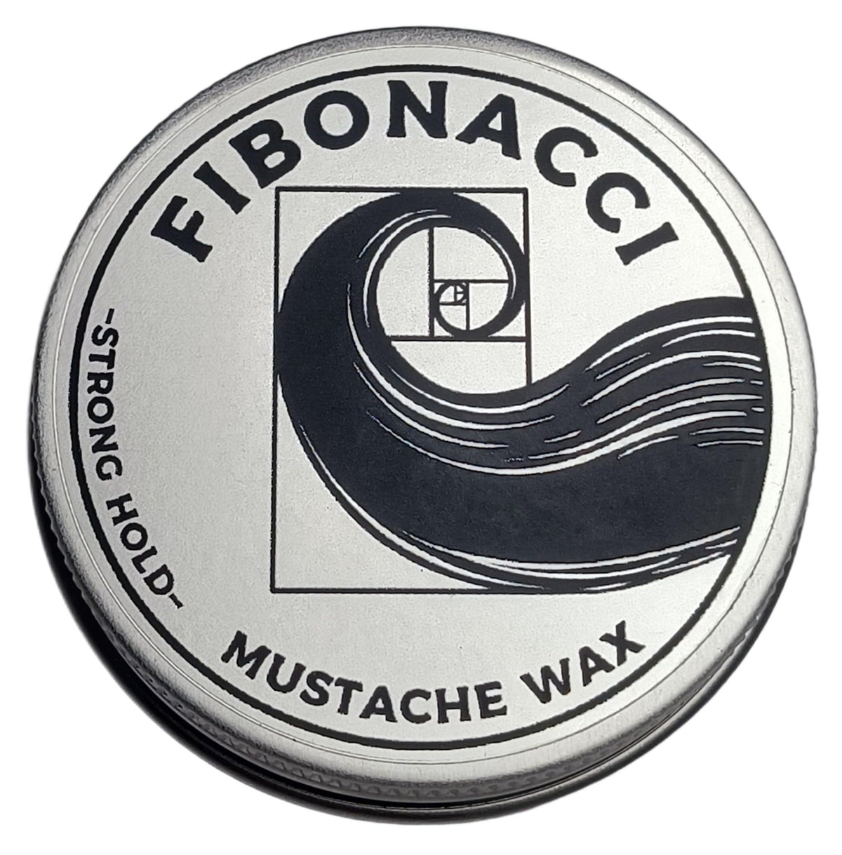 Fibonacci Mustache Wax tin front view showing compact travel-ready design and strong hold
