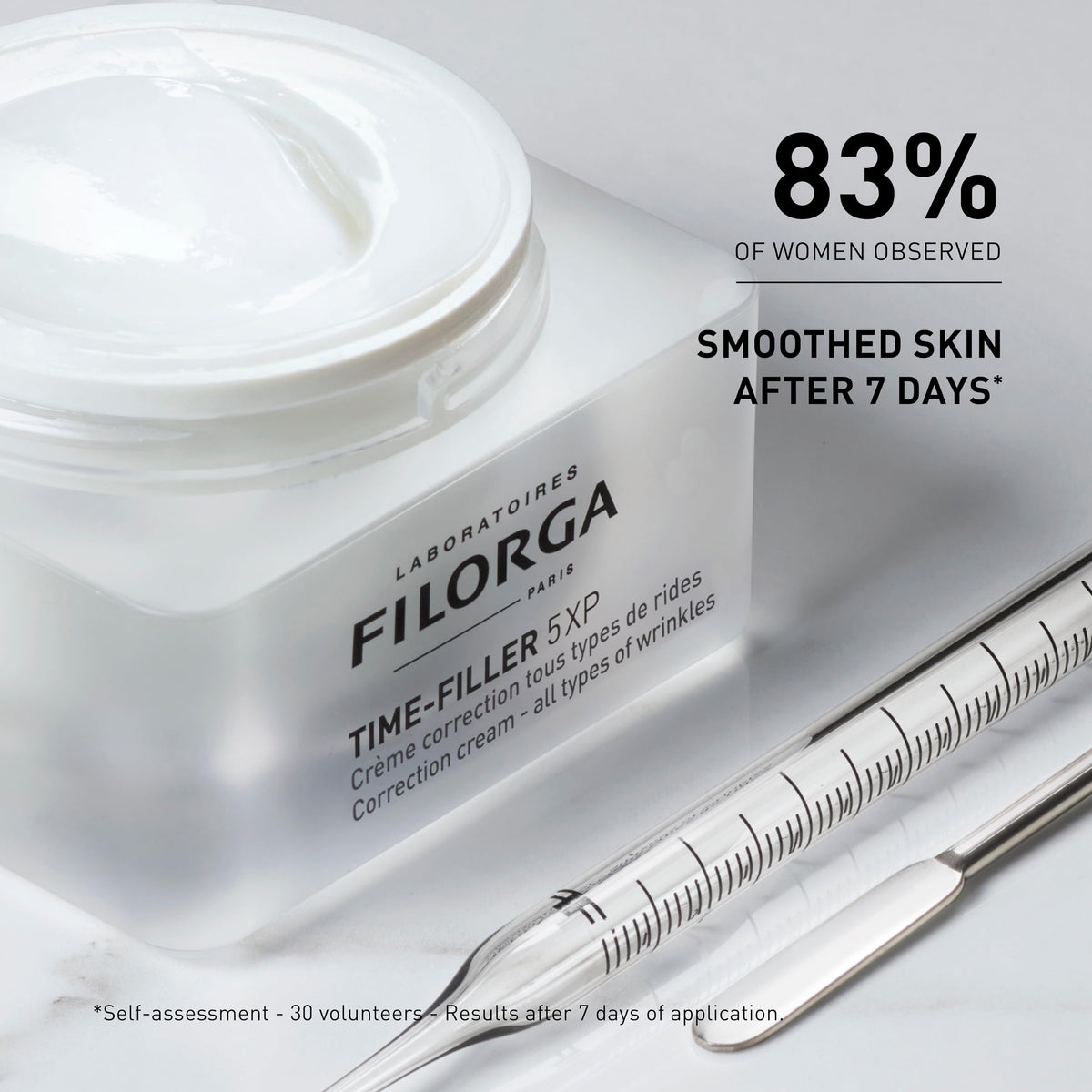 Filorga Time-Filler 5-XP cream on fingers ready for targeted wrinkle smoothing