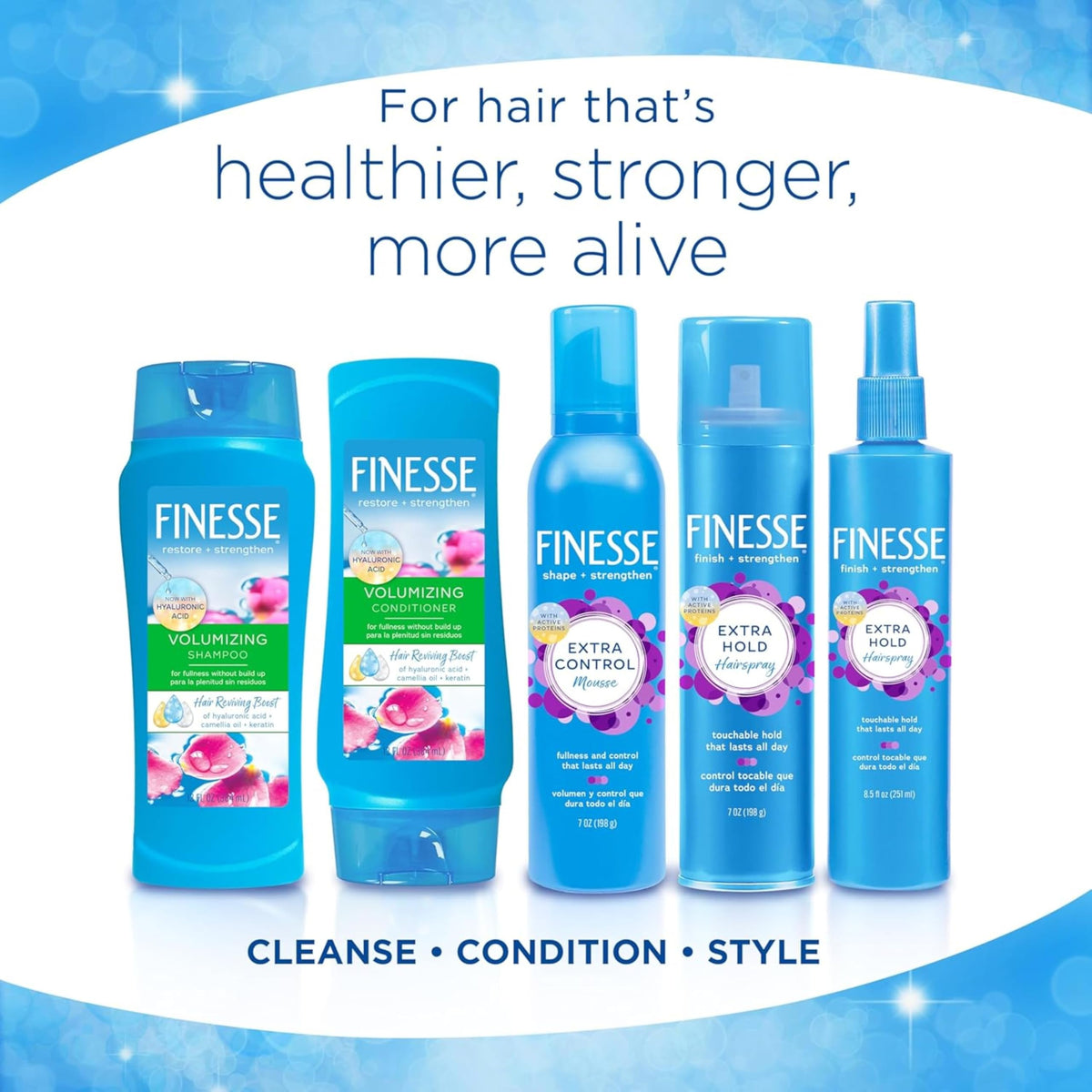 FINESSE 13 oz bottle held in hand showing size and travel-friendly benefit