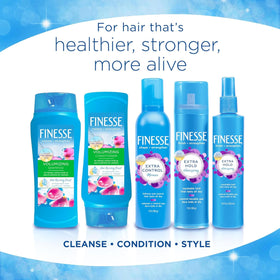 FINESSE 13 oz bottle held in hand showing size and travel-friendly benefit