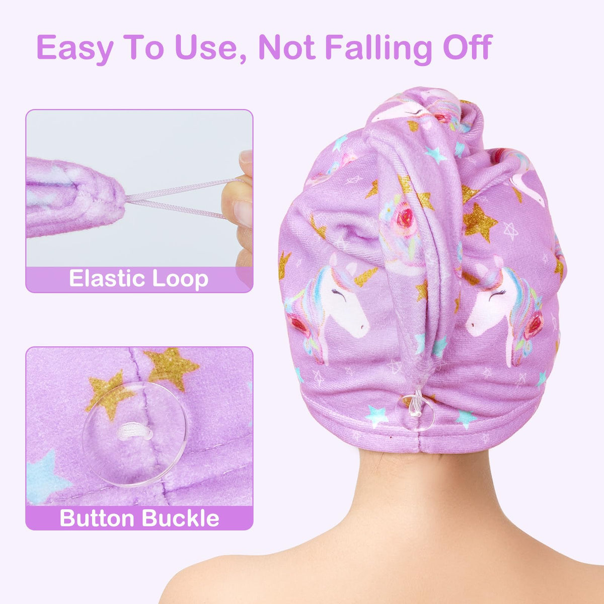 FIOBEE child wearing towel turban in bathroom demonstrating hands-free drying