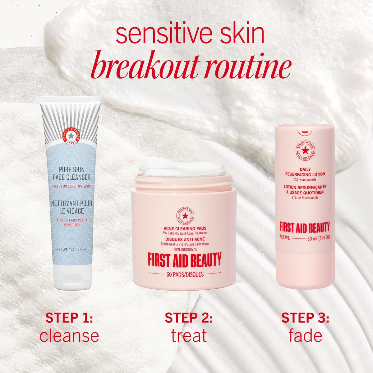 First Aid Beauty bottle beside sunscreen showing recommended daytime routine pairing