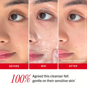 First Aid Beauty cleanser staged on bathroom counter for calm skincare routine
