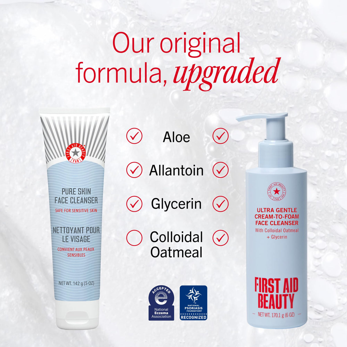 First Aid Beauty creamy texture transforming into foam for effective gentle cleansing