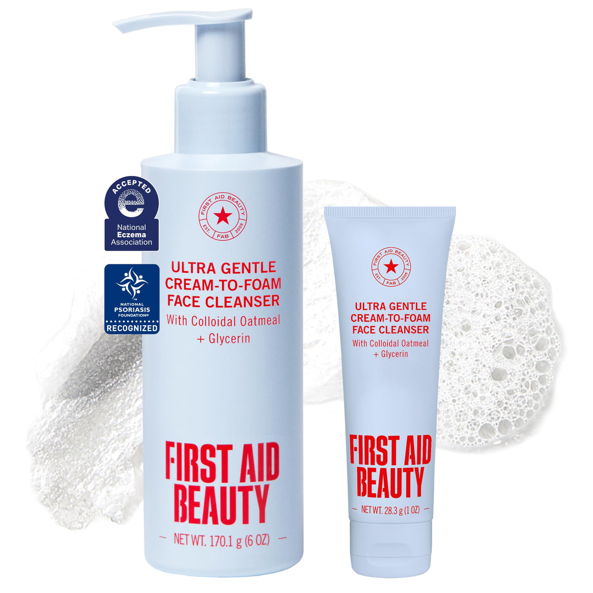 First Aid Beauty pump bottle front view showing product and easy dispensing benefit
