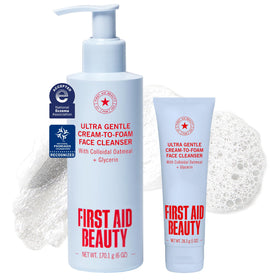 First Aid Beauty pump bottle front view showing product and easy dispensing benefit