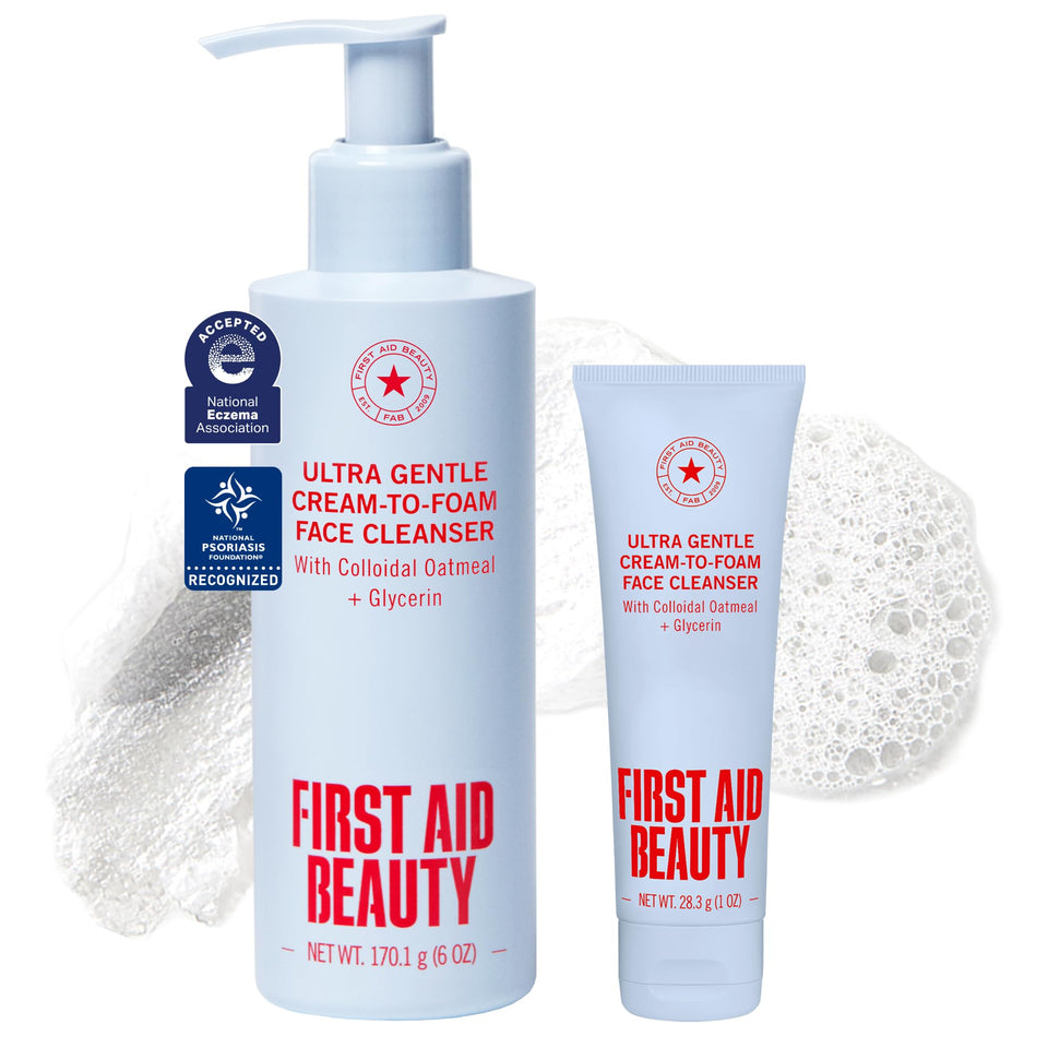 First Aid Beauty pump bottle front view showing product and easy dispensing benefit