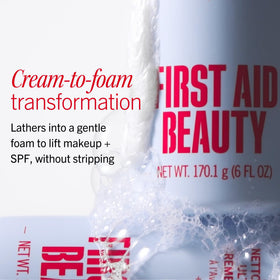 First Aid Beauty foam lather on hand demonstrating effective cleansing benefit