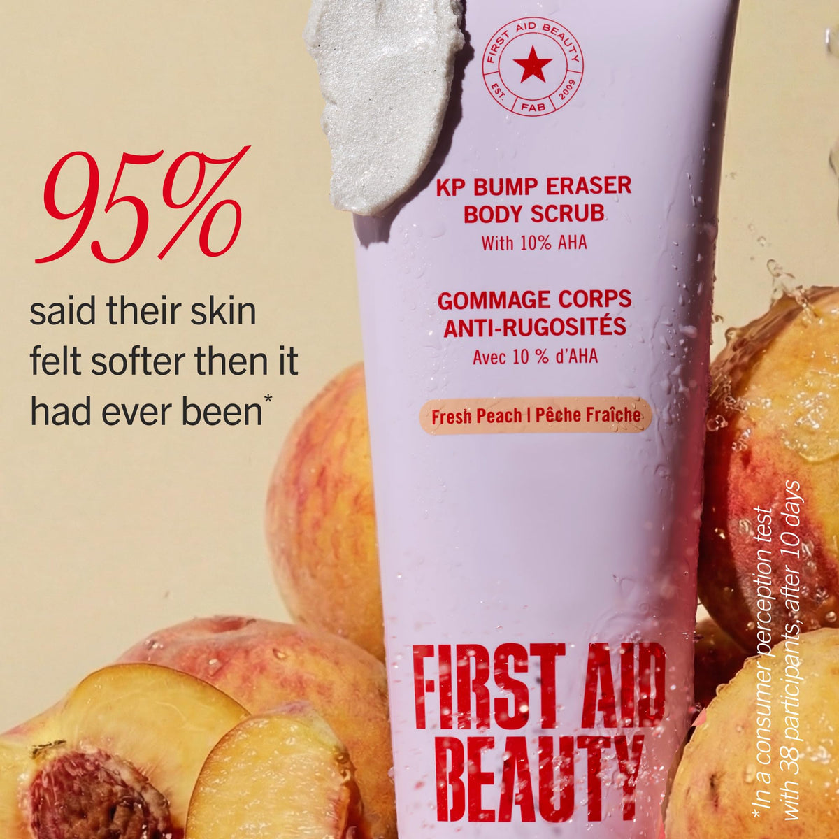 First Aid Beauty peach fruit visual evoking fresh peach scent without artificial fragrance