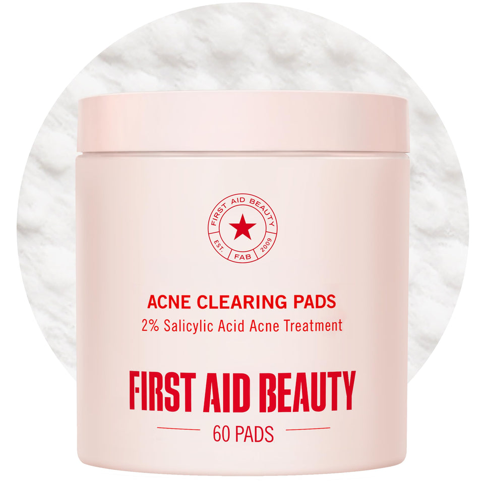 First Aid Beauty front packaging showing acne pads and clear benefits