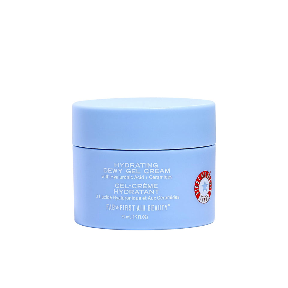 First Aid Beauty front packaging showing dewy gel cream, highlights lightweight hydration
