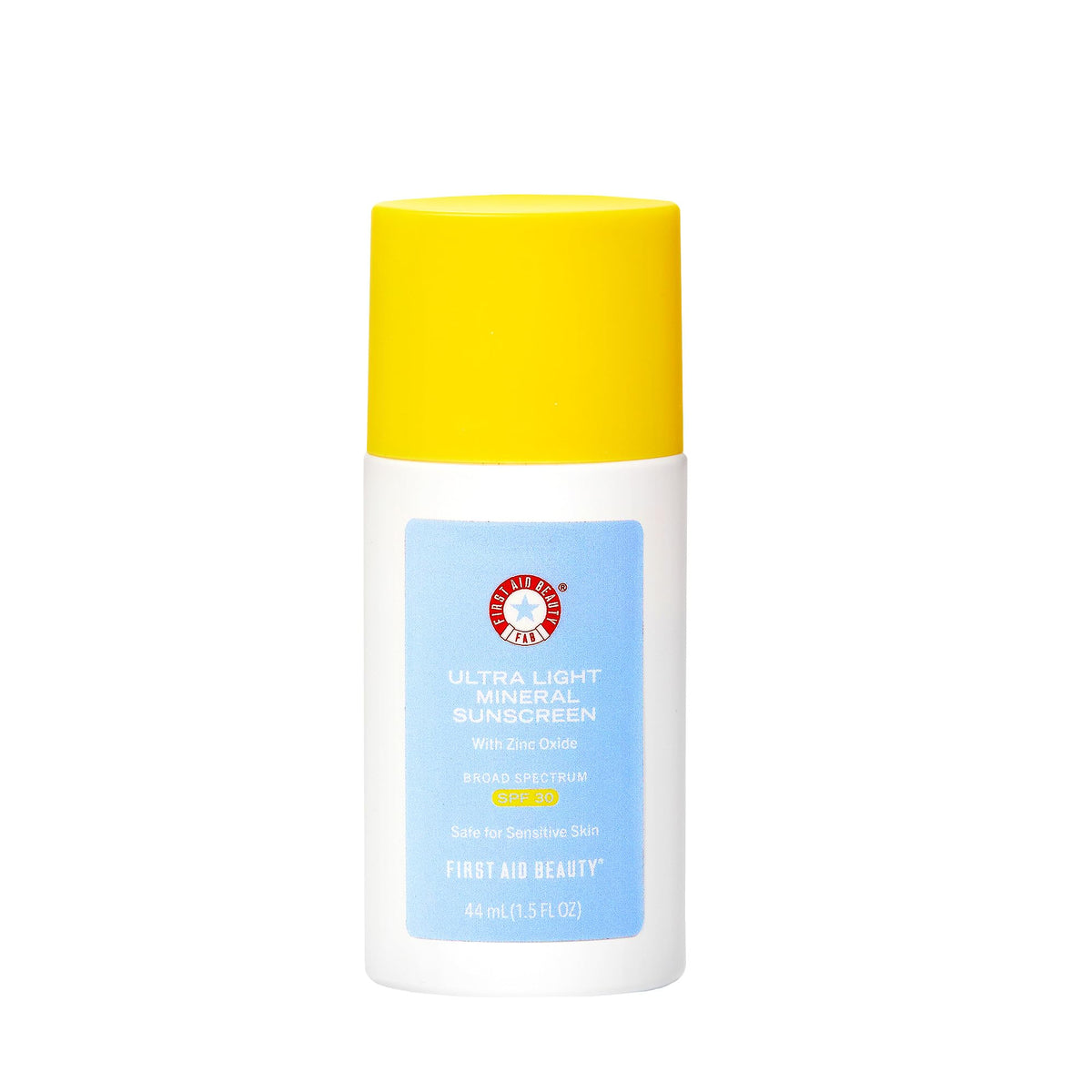 First Aid Beauty front packaging showing SPF 30 sunscreen and compact tube benefit for travel