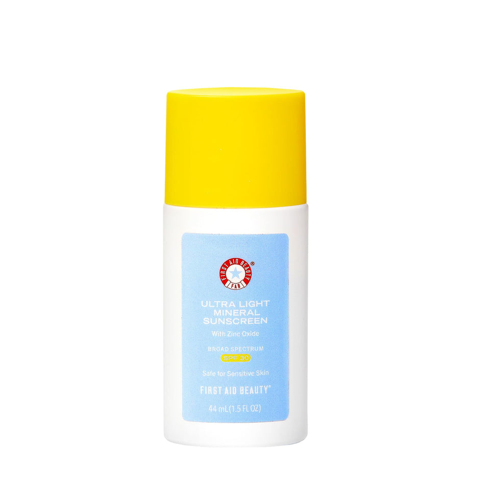 First Aid Beauty front packaging showing SPF 30 sunscreen and compact tube benefit for travel