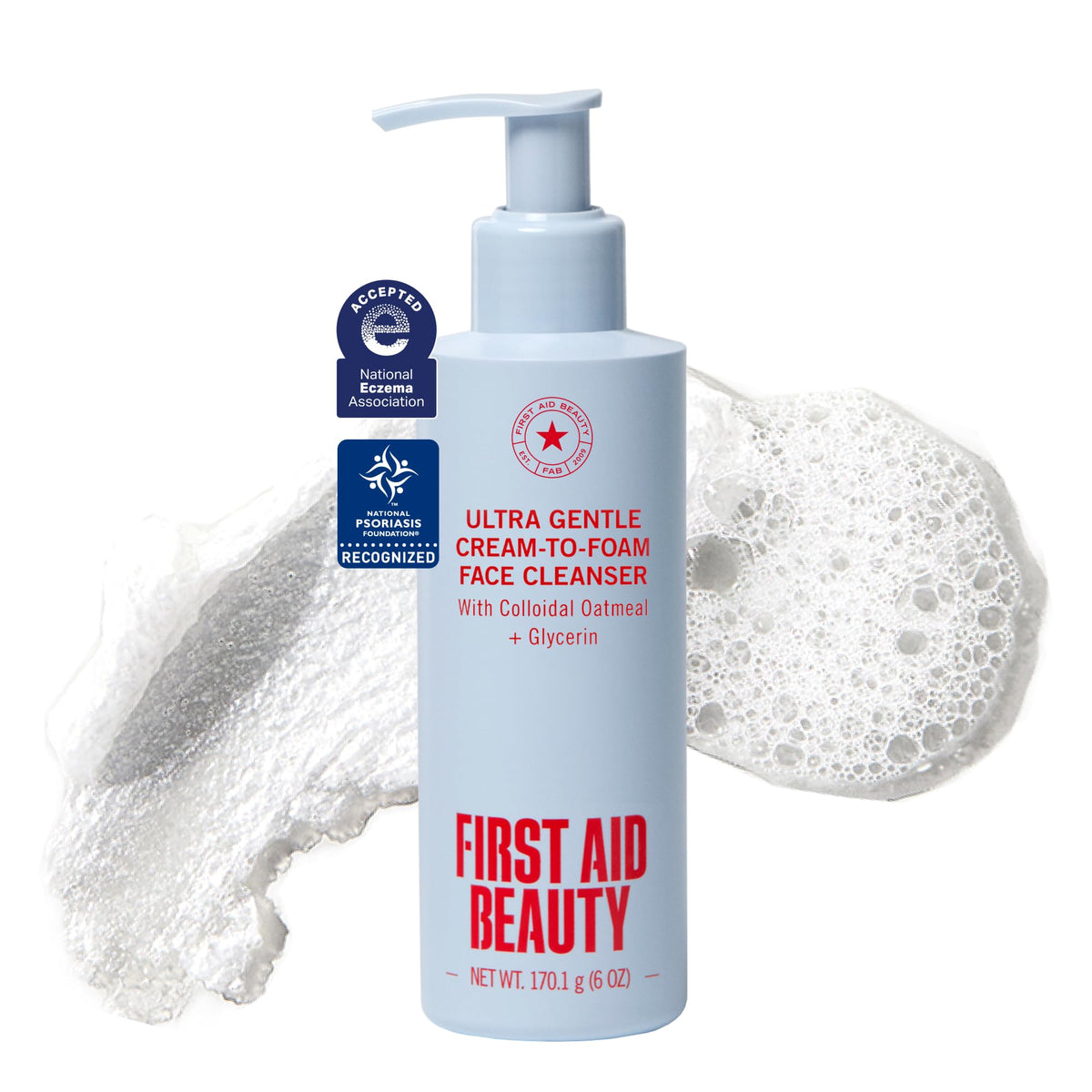 First Aid Beauty pump bottle front view shows clean, gentle cleanser benefits