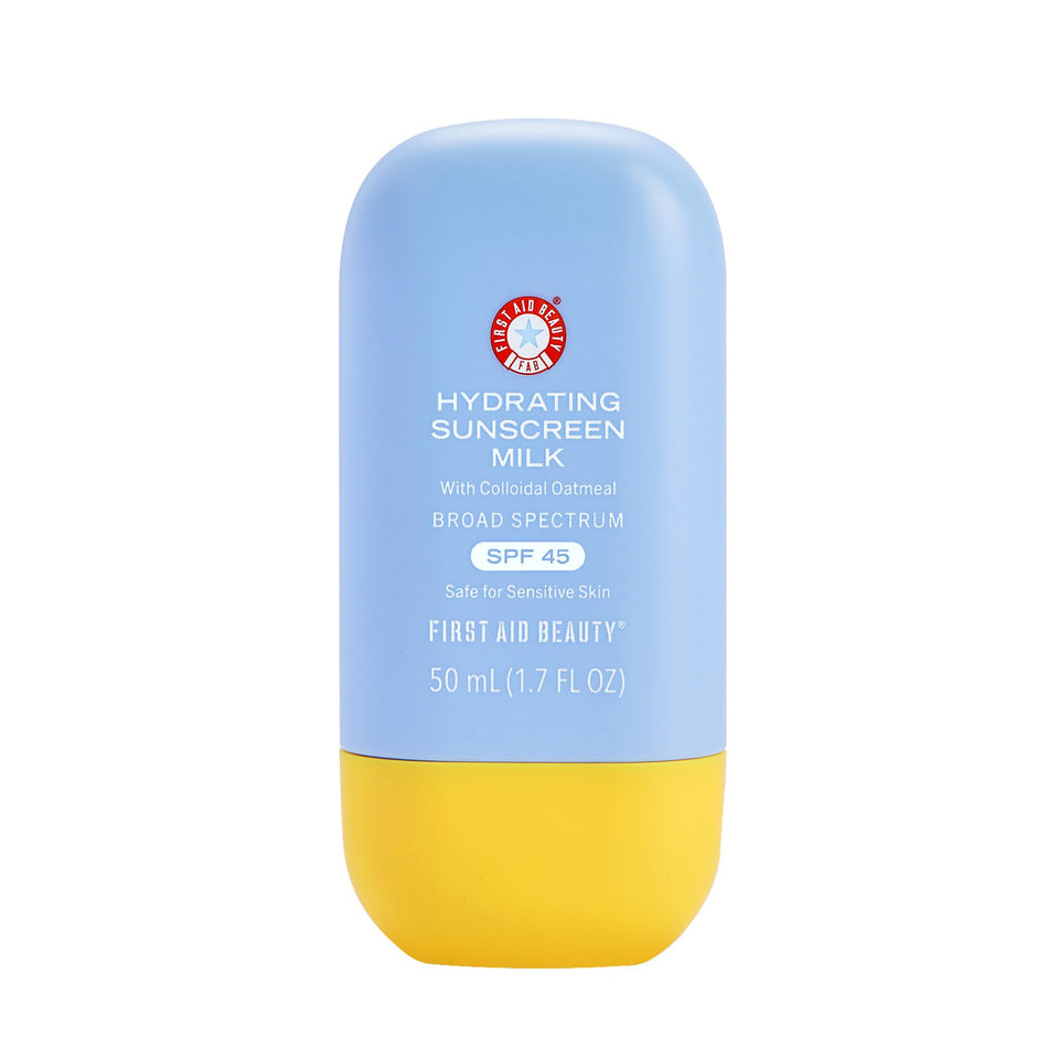 First Aid Beauty front packaging showing SPF 45 and compact size benefit