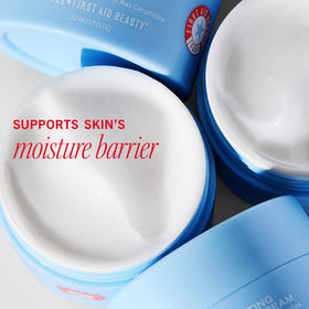First Aid Beauty label calling out ceramides and niacinamide, clarifies active benefits