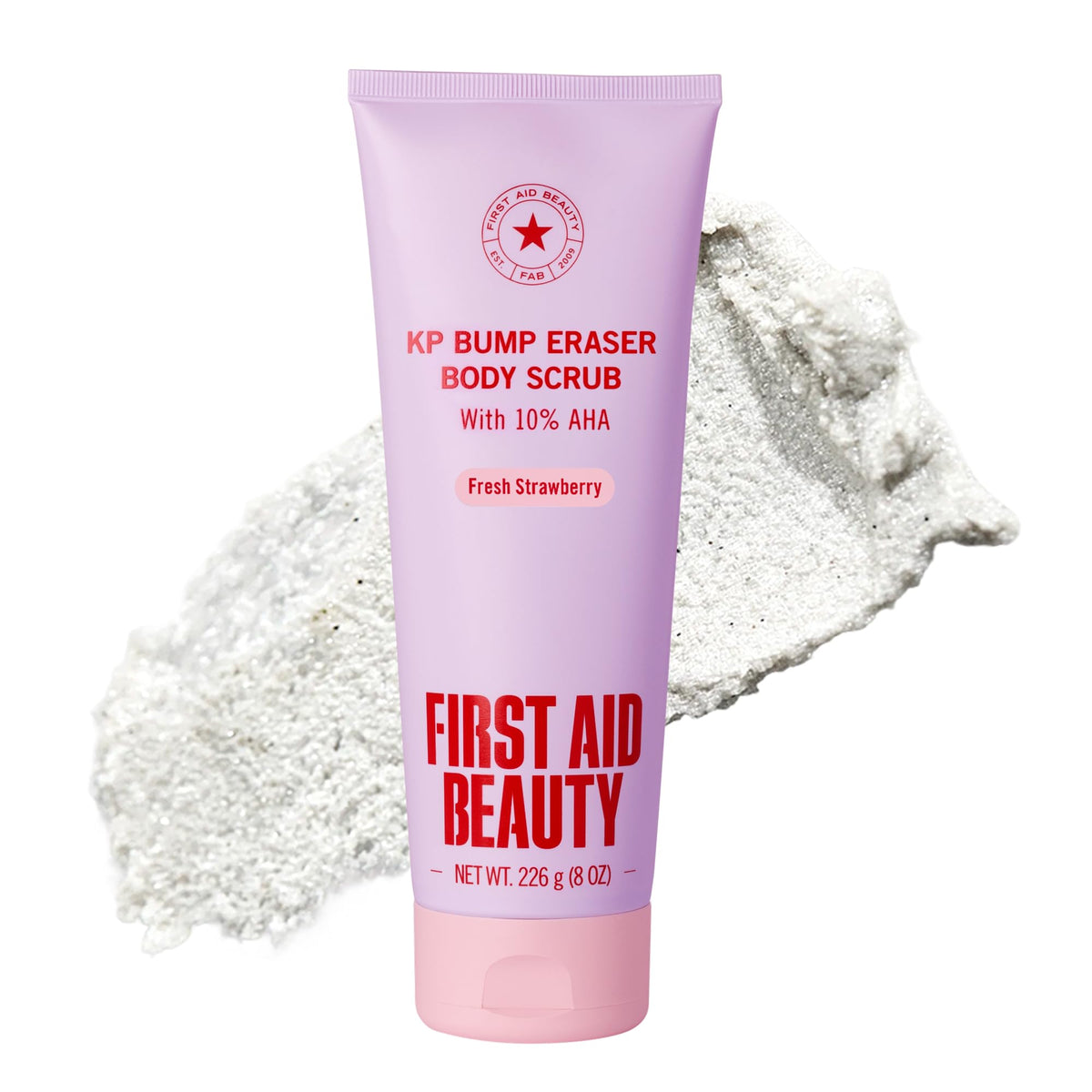 First Aid Beauty front tub shot showing strawberry scent and label benefits