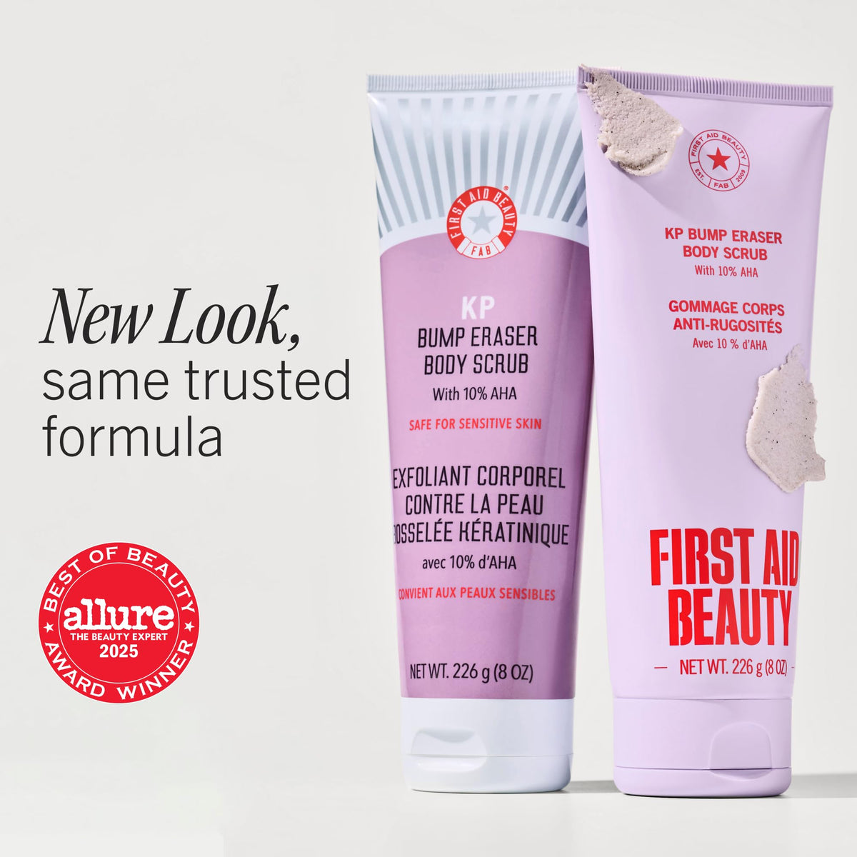 First Aid Beauty open tube showing creamy scrub texture and beads