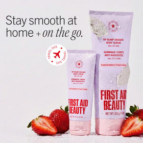 Lifestyle bathroom scene with First Aid Beauty jar and strawberry accent