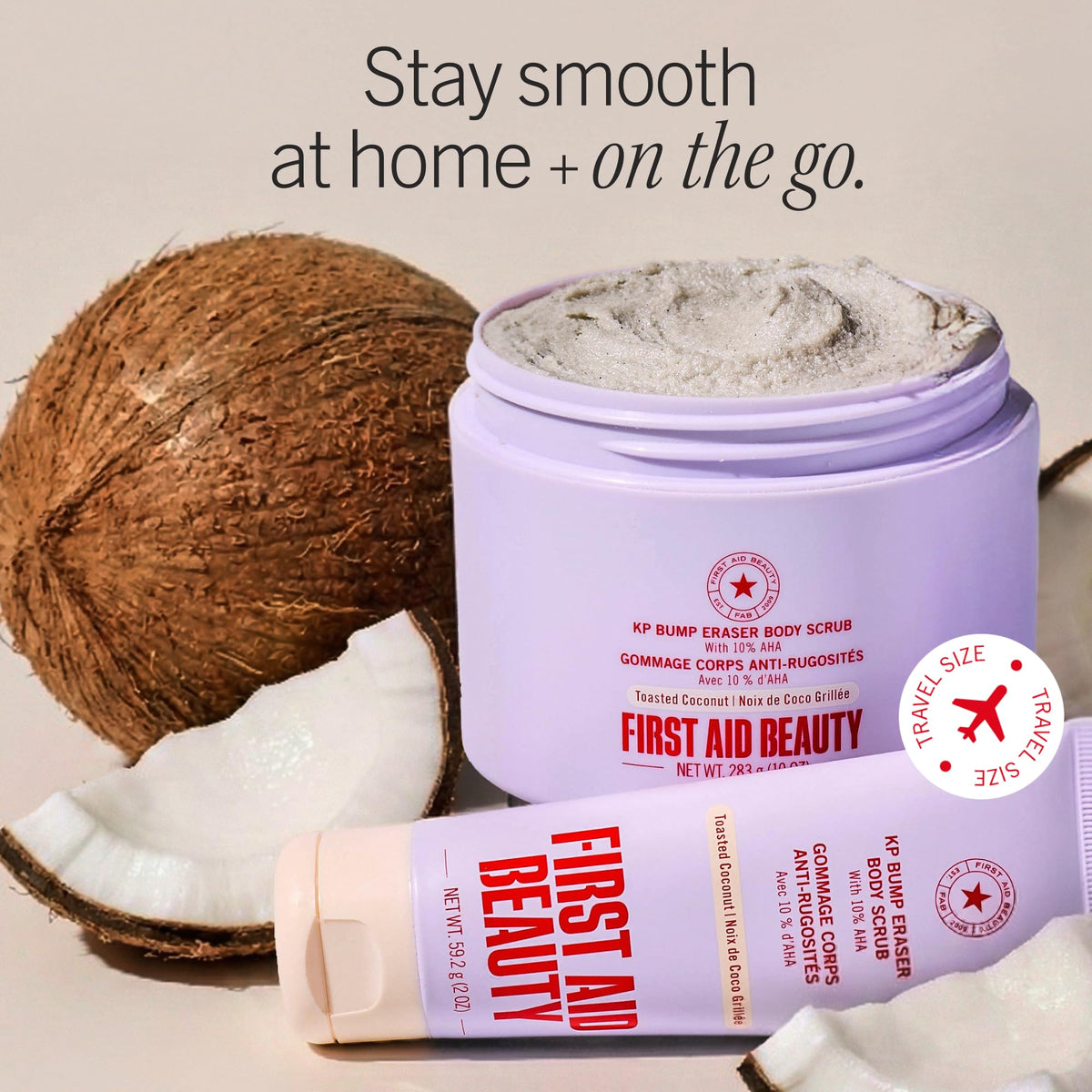 First Aid Beauty lifestyle scene with toasted coconut scent implying comforting use