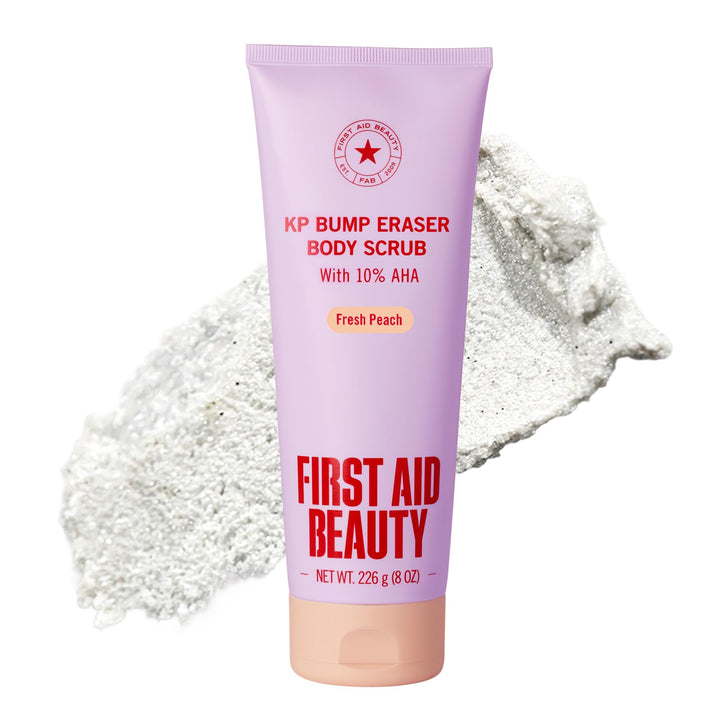 First Aid Beauty jar front view showing label and fresh peach packaging benefit