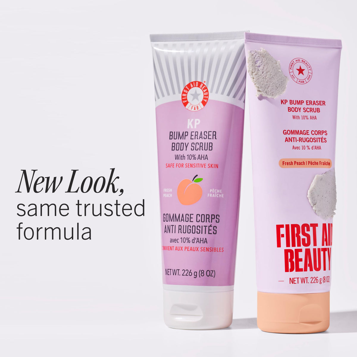 First Aid Beauty scrub open showing creamy texture and pumice beads smoothing