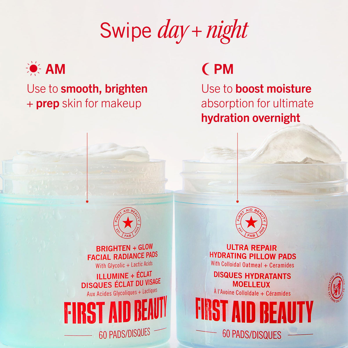 First Aid Beauty model using pad on neck and décolleté for even-toned results