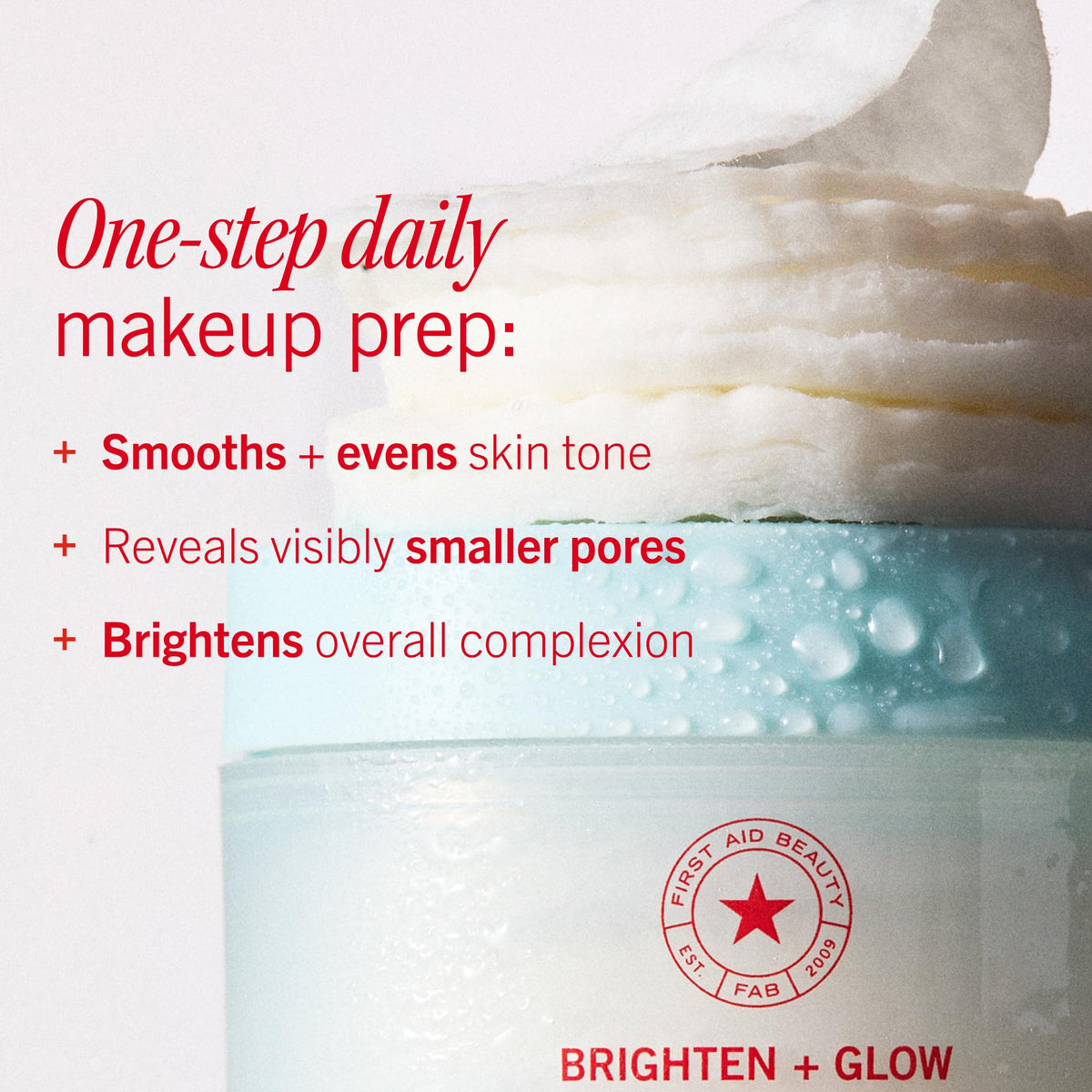 First Aid Beauty jar open with pads visible, ready for quick skincare steps