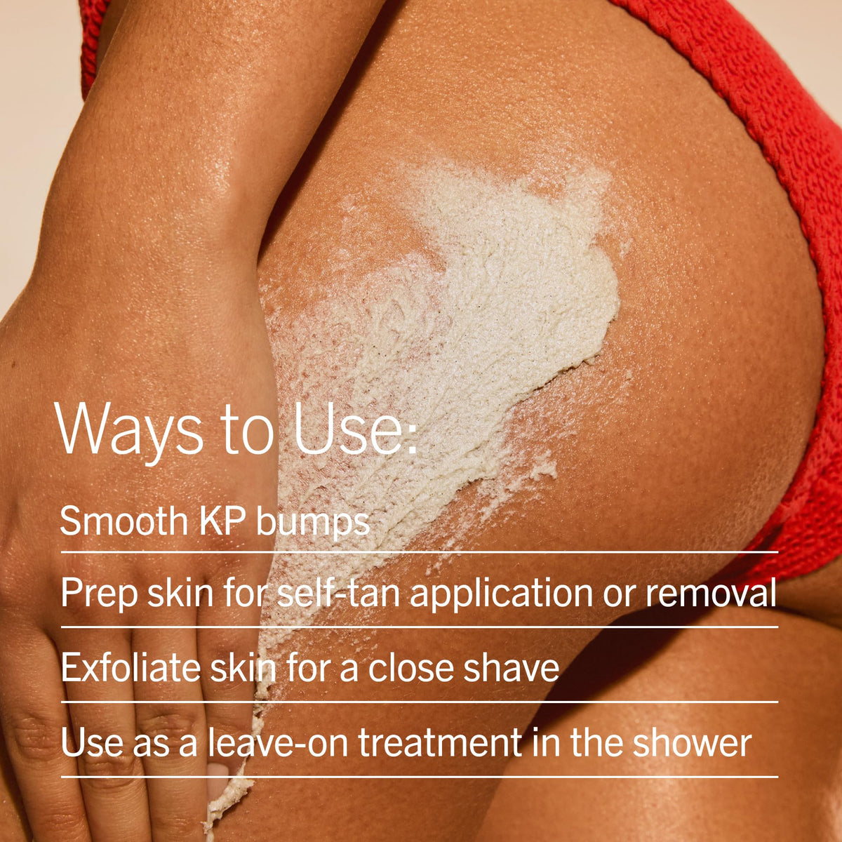 First Aid Beauty scrub in shower scene illustrating rinse-off use and quick results