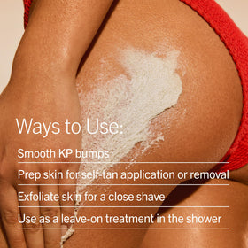 First Aid Beauty scrub in shower scene illustrating rinse-off use and quick results