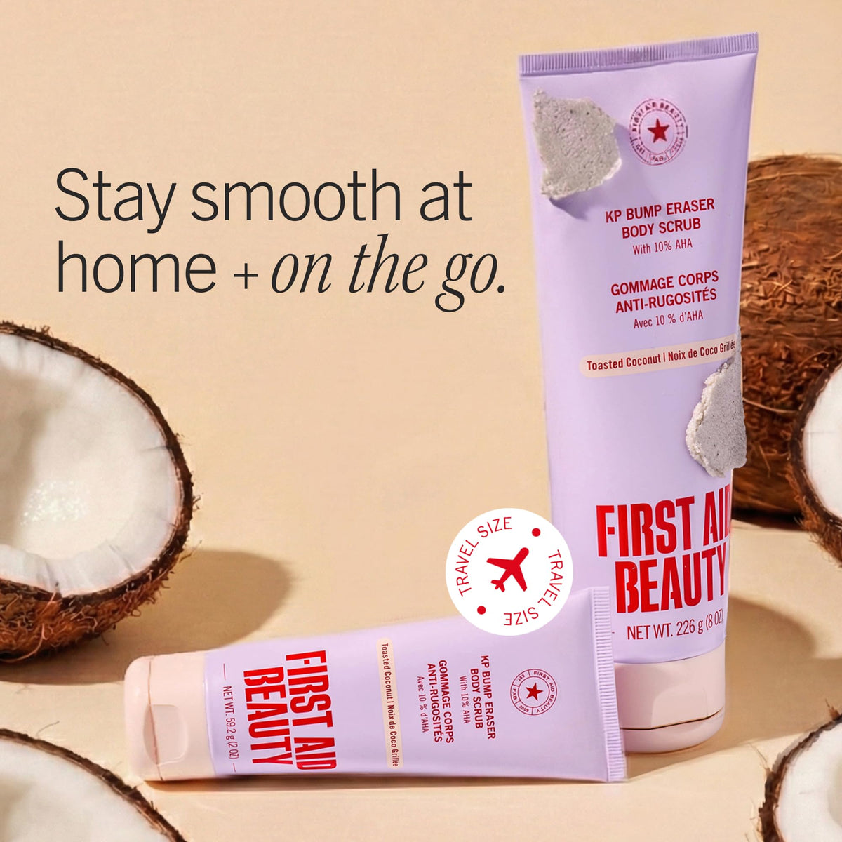 First Aid Beauty scrub on shower shelf in lifestyle scene for daily routine
