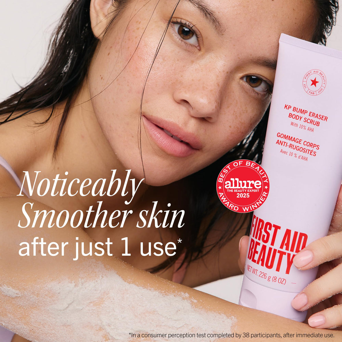 First Aid Beauty scrub texture closeup revealing gentle pumice beads
