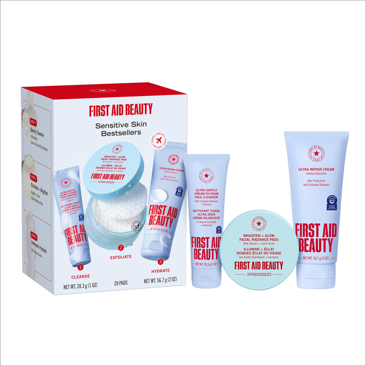 First Aid Beauty travel kit front packaging showing all three products and value