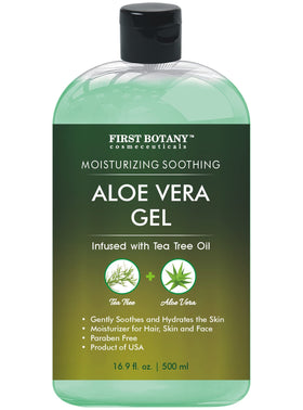 First Botany aloe vera gel front tub showing label and size benefit