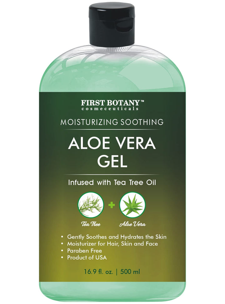 First Botany aloe vera gel front tub showing label and size benefit