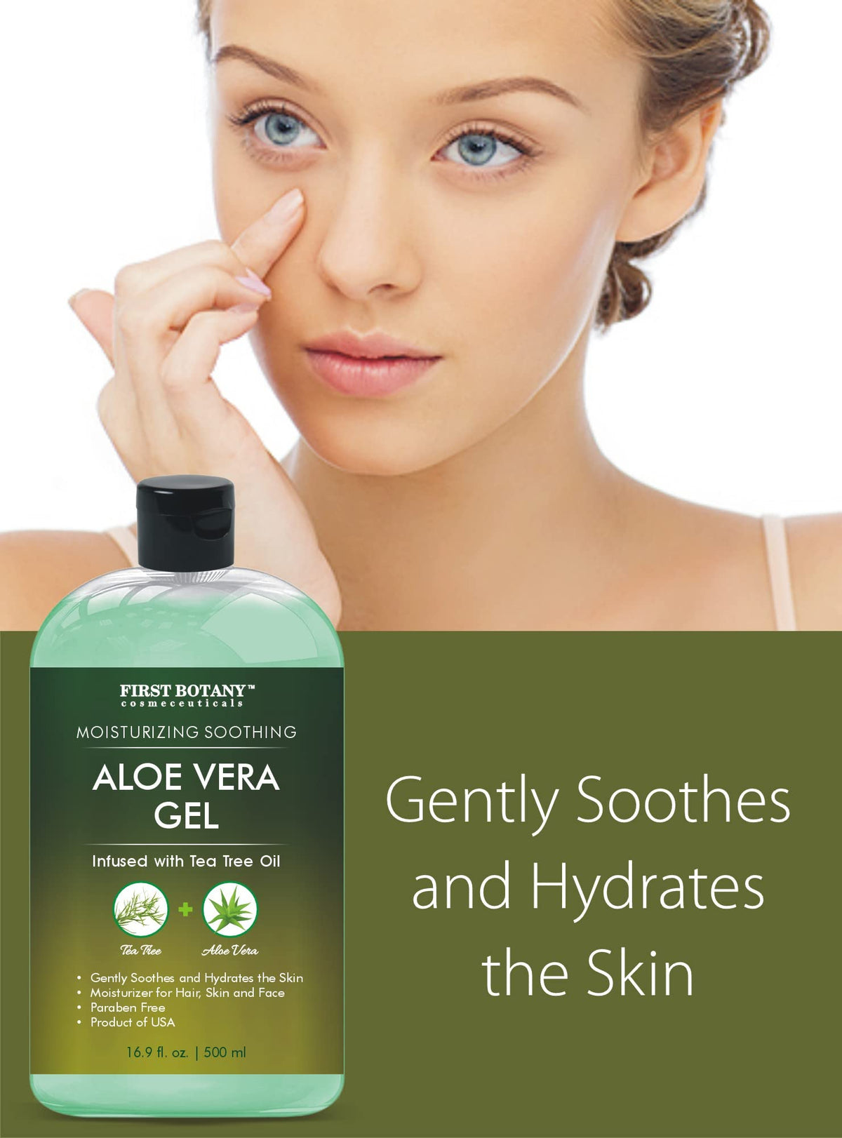 First Botany aloe gel applied to face to soothe and calm skin