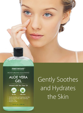 First Botany aloe gel applied to face to soothe and calm skin