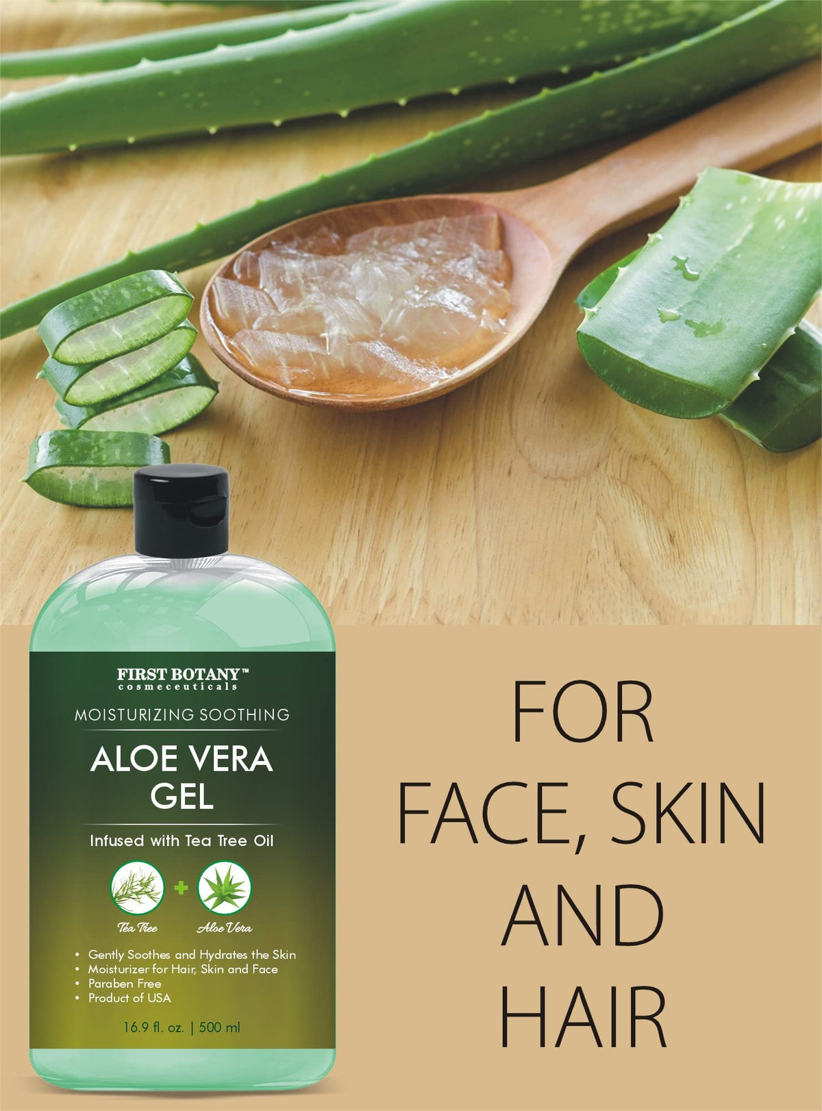 First Botany aloe gel next to common objects showing 500ml scale