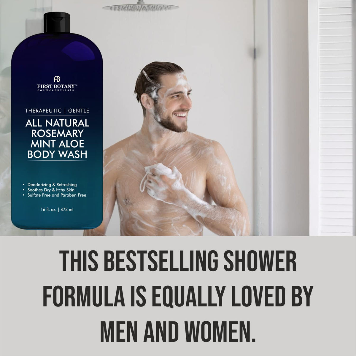 First Botany body wash in use on wet skin demonstrating cleansing action