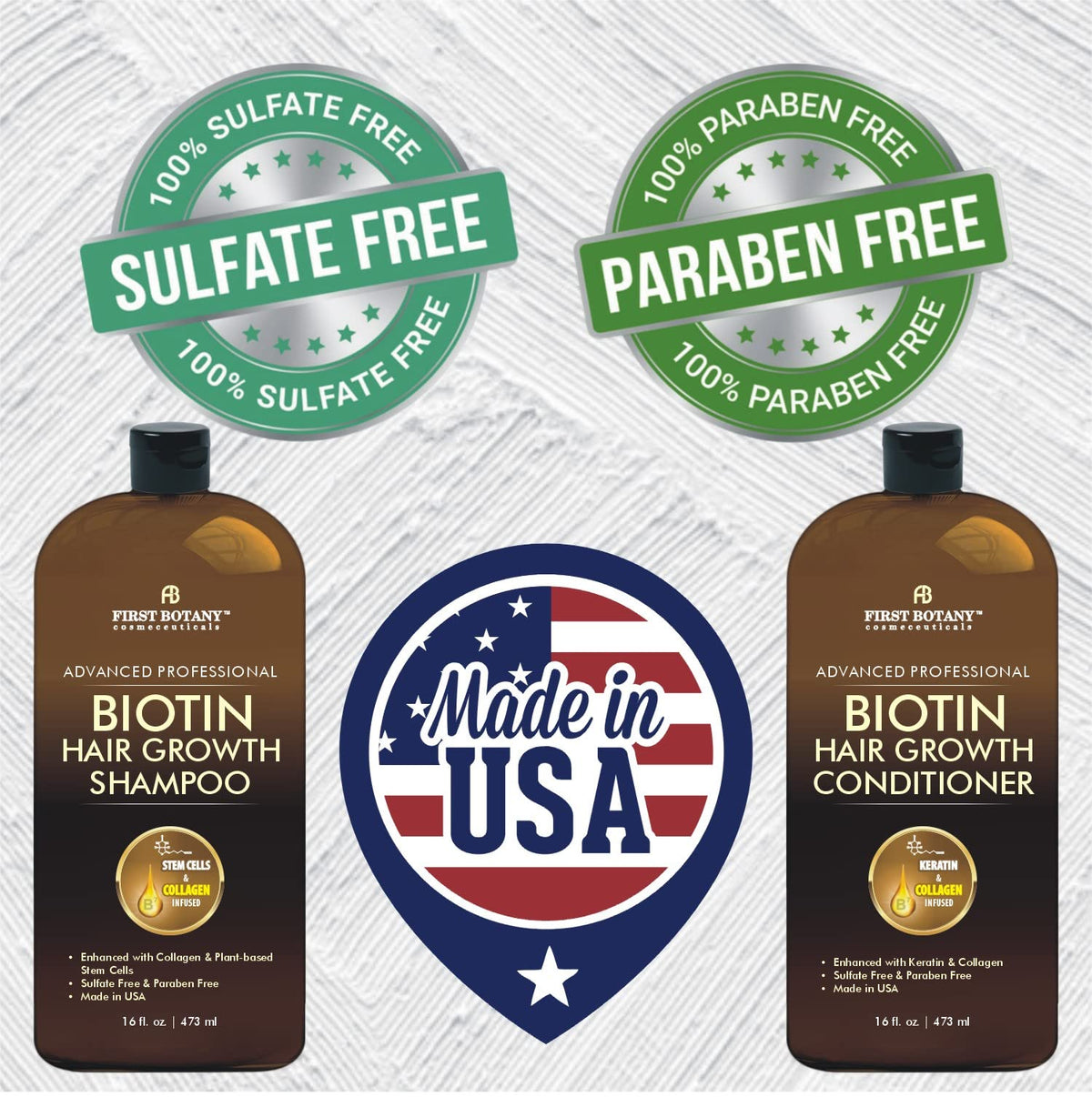 First Botany close-up label listing biotin, collagen and natural oils benefits