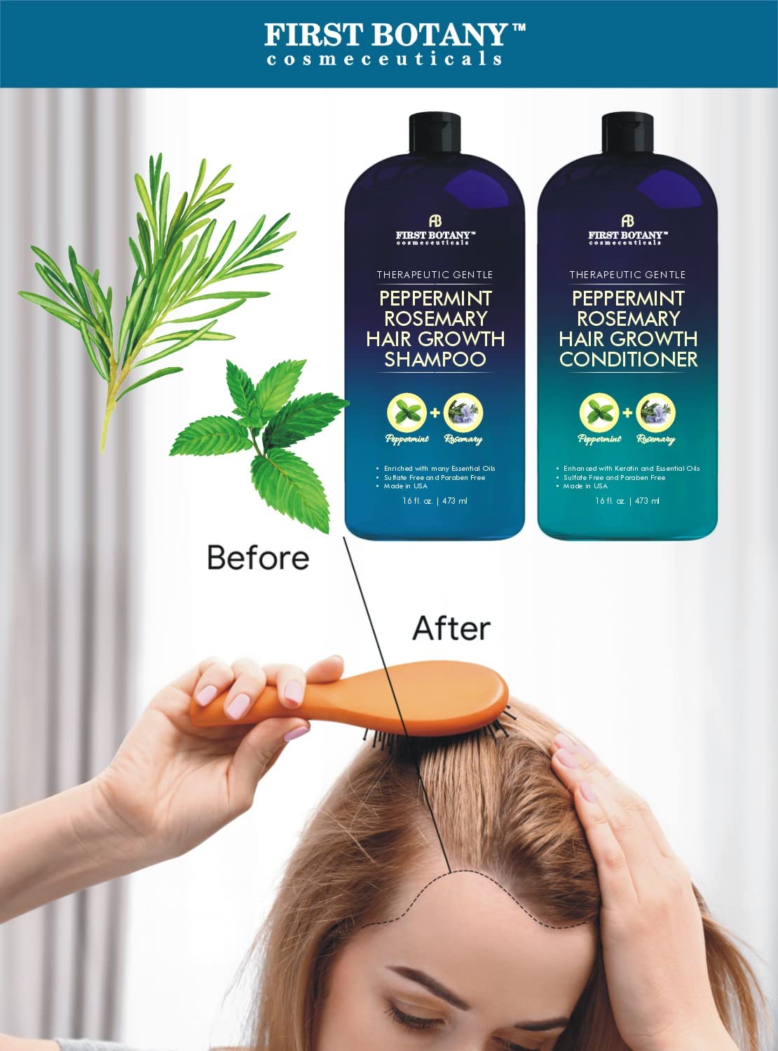 First Botany bottle label closeup highlighting peppermint rosemary