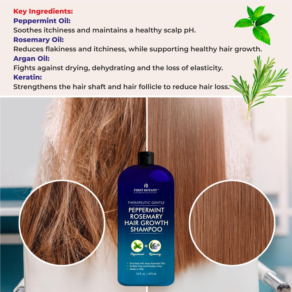 First Botany bottle beside peppermint and rosemary herbs to show natural extracts