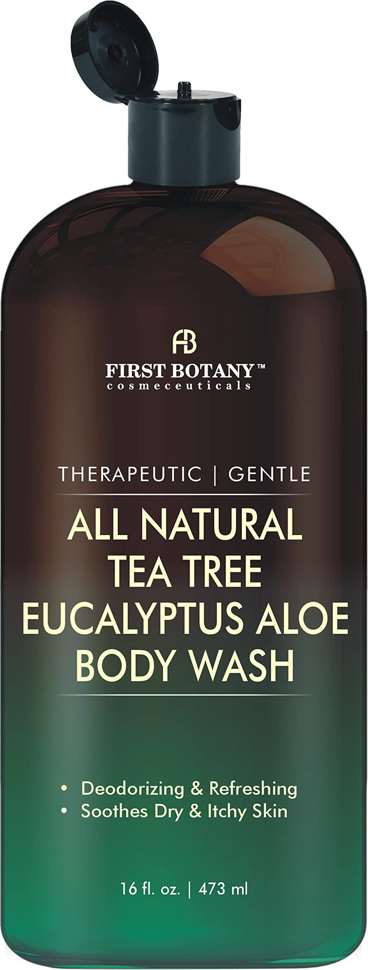 First Botany front bottle showing tea tree eucalyptus label and benefits