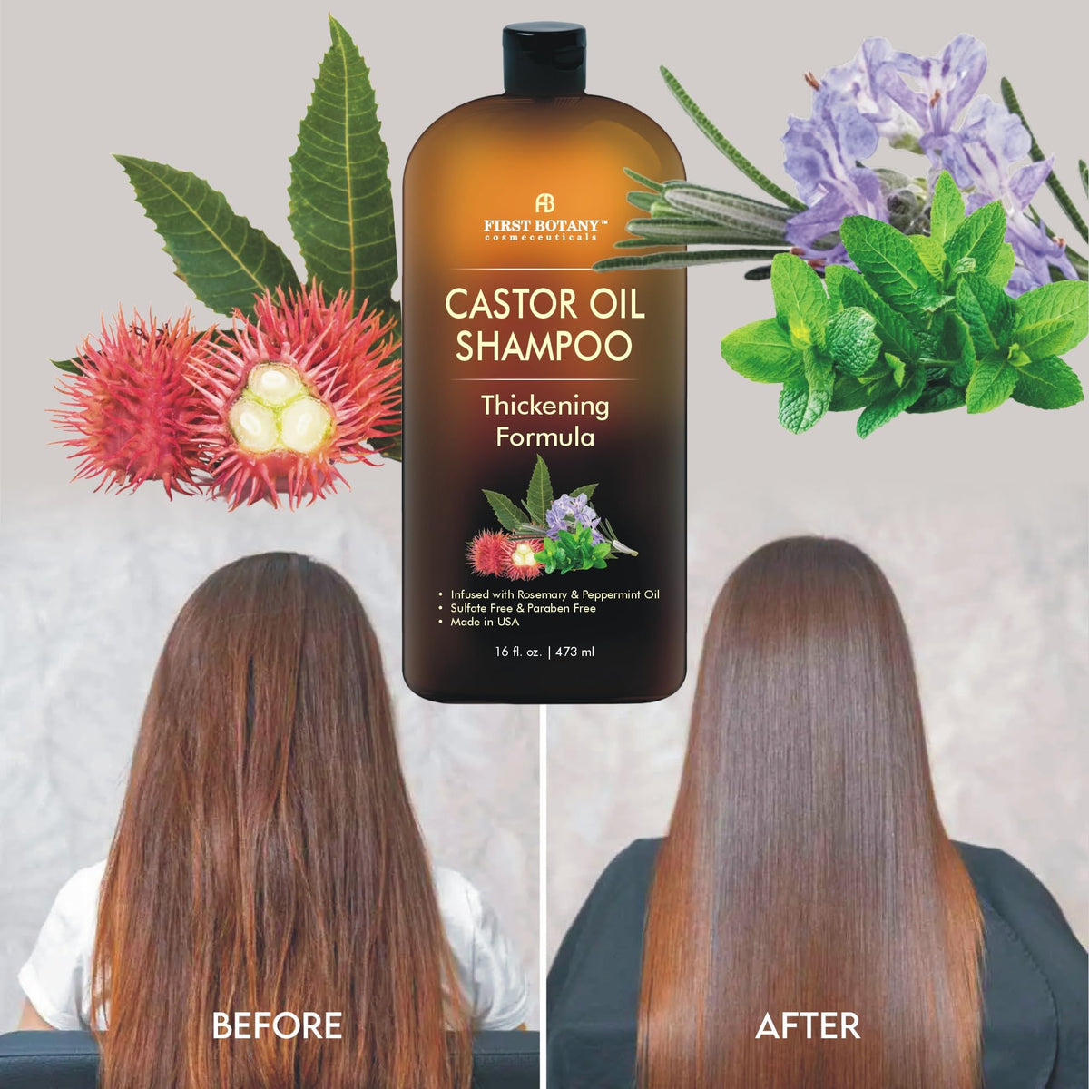 First Botany ingredient collage with castor and rosemary emphasizing natural support