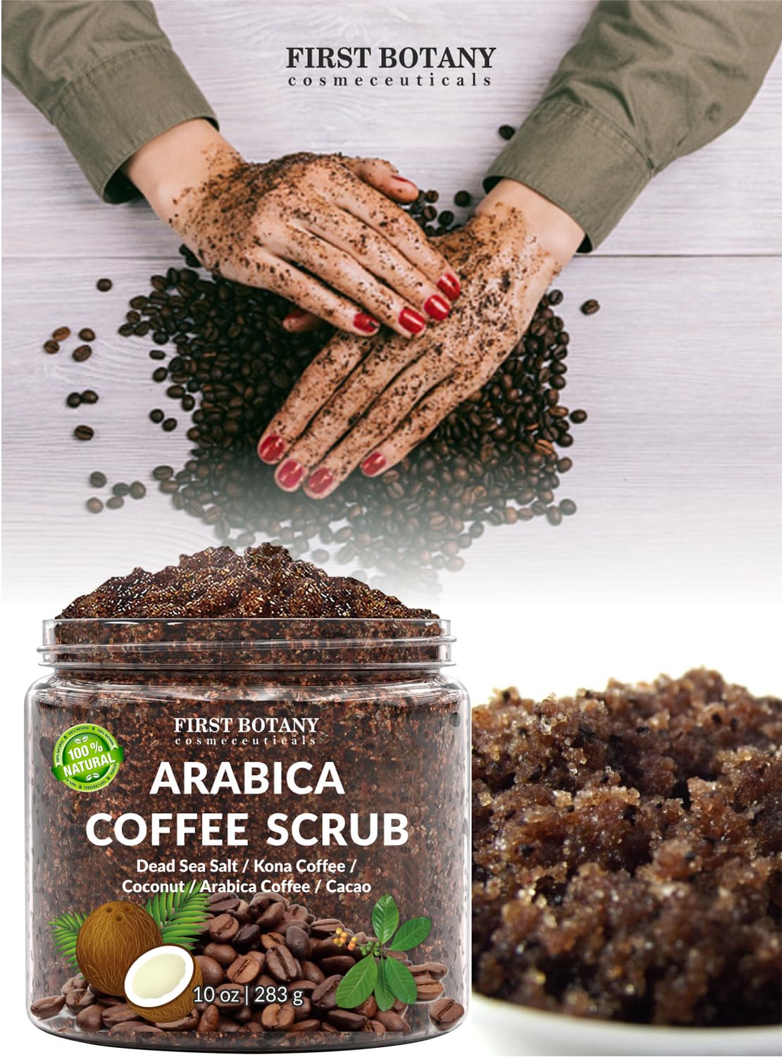 First Botany jar beside coconut, shea and coffee beans showing natural ingredient benefits
