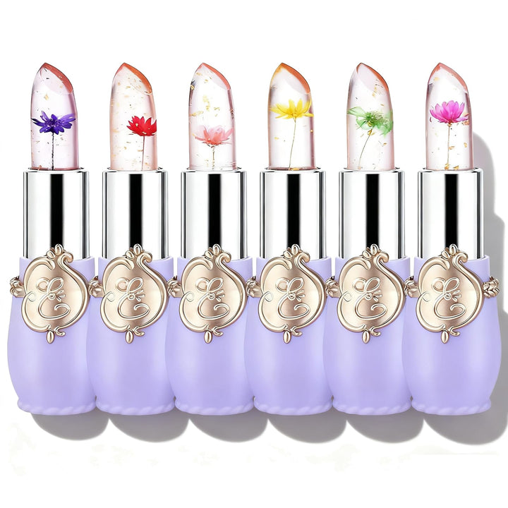 firstfly front packaging showing six flower jelly lipsticks, attractive gift presentation
