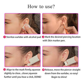 Firstomato use demonstration on ear model showing piercing angle and fast application, supports safe technique
